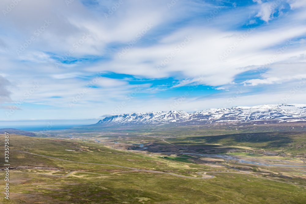 View over Vopnafjordur fjord in Iceland from the top of Burstafell