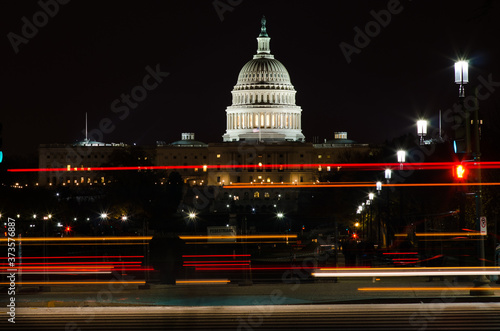 Capitol building at night with car stop lights trails - Washington D.C. United States of America
