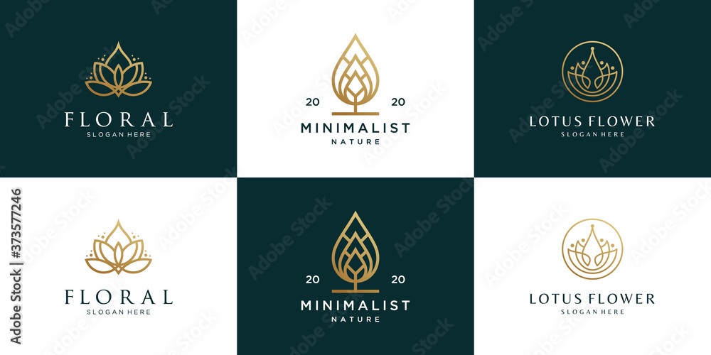 Set collection minimalist floral and leaf logo design feminine luxury line art.