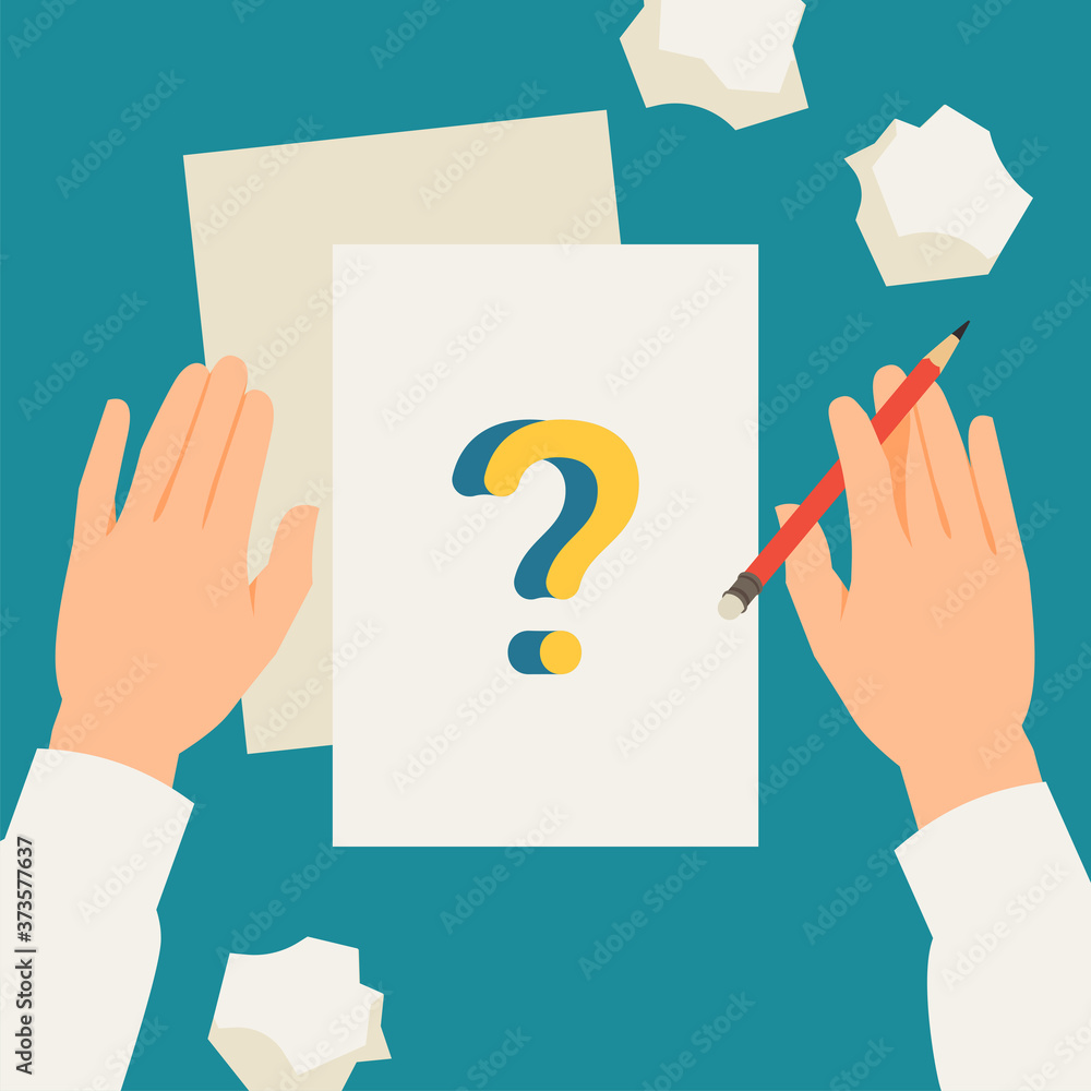 Cool vector concept illustration on creative process and research with blank sheet of paper, question mark, hands ready to work holding pencil Cool vector concept illustration on creative process and research with blank sheet of paper, question mark, hands ready to work holding pencil