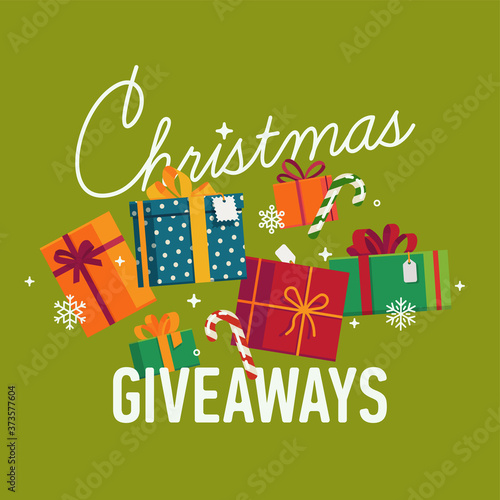 Cool vector banner or poster template on 'Christmas Giveaways' special events and contests with different gift boxes and packages on light green background