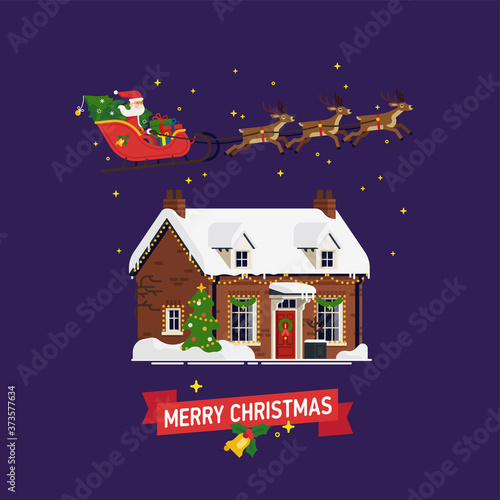 Lovey Christmas themed vector illustration with Santa Claus flies over small cottage in his sleigh pulled by deers. 'Merry Christmas' template with cute Xmas decorated house covered in snow