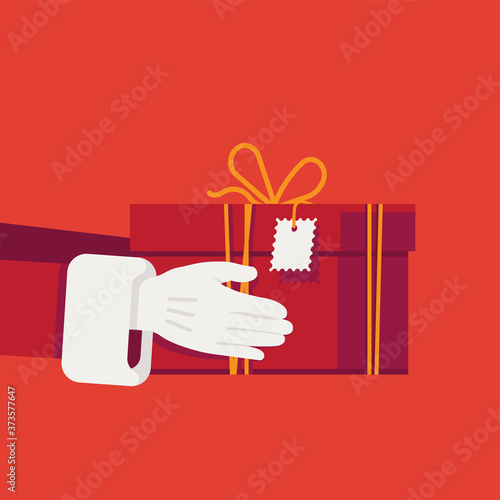 Beautiful Christmas holidays themed vector illustration with Santa Claus' hands in white gloves holding red gift box. Xmas gifts and presents. Secret Santa gift exchange concept illustration