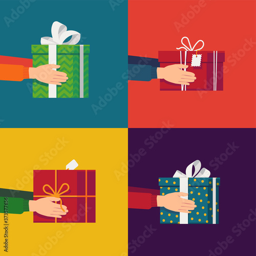 Lovely set of Christmas themed vector illustrations with hands holding different gift and present boxes. Boxing day minimalistic visuals. Xmas gift interchange