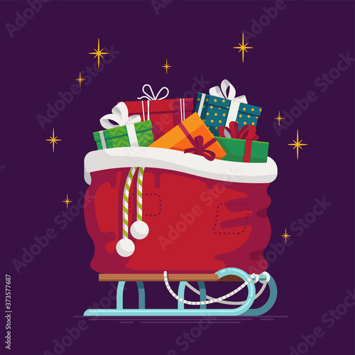 Lovely vector illustration on Christmas Santa’s gift sack full of gift boxes and present packages standing on classic snow sleds