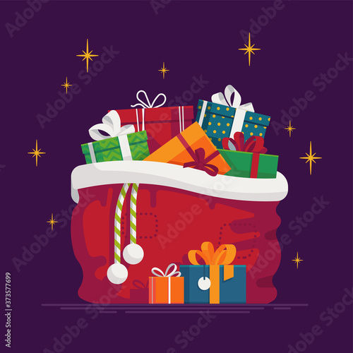 Lovely vector illustration on Christmas Santa’s gift sack full of gift boxes and present packages