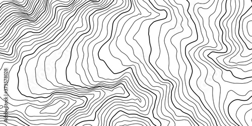 The stylized height of the topographic contour in lines and contours. The concept of a conditional geography scheme and the terrain path. Black on Gray. Vector illustration.