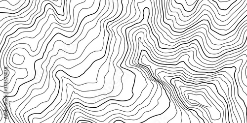 The stylized height of the topographic contour in lines and contours. The concept of a conditional geography scheme and the terrain path. Black on Gray. Vector illustration.