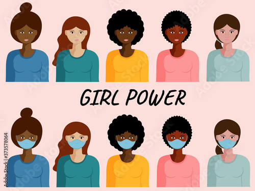 Girl power concept. Five multi-ethnic women standing together. The struggle for rights, independence, equality. Women s friendship, union of feminists or sisterhood. Empowerment movement.