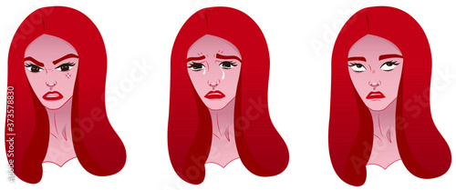Vector illustration set of emotions of a girl. Stock illustration isolated on white background. Emotions such as anger, sadness, and discontent. Cartoon stickers for social networks, website or print