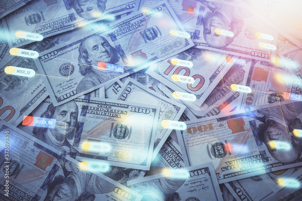 Double exposure of data theme drawing over us dollars bill background. Technology concept. Double exposure of data theme drawing over us dollars bill background. Technology concept.