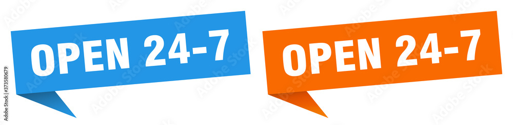 open 24 7 banner sign. open 24 7 speech bubble label set open 24 7 banner sign. open 24 7 speech bubble label set