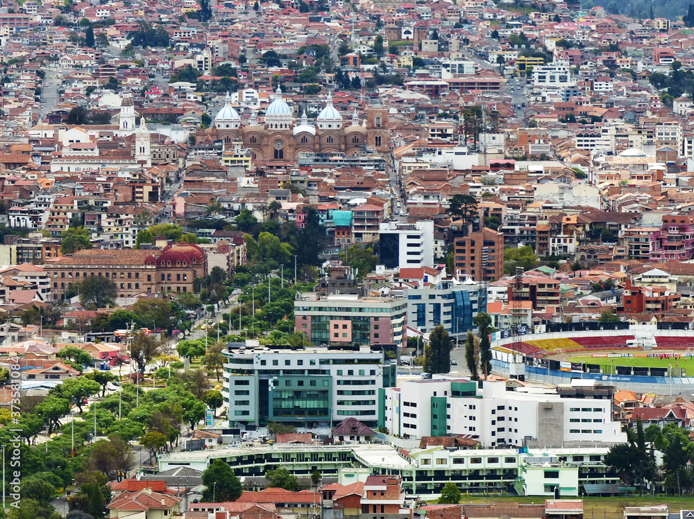 Panoramic view of the city Cuenca from the lookout of Turi, Ecuador