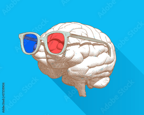 Brain with 3D glasses illustration isolated on blue BG