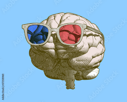 Brain with 3D glasses illustration isolated on blue BG