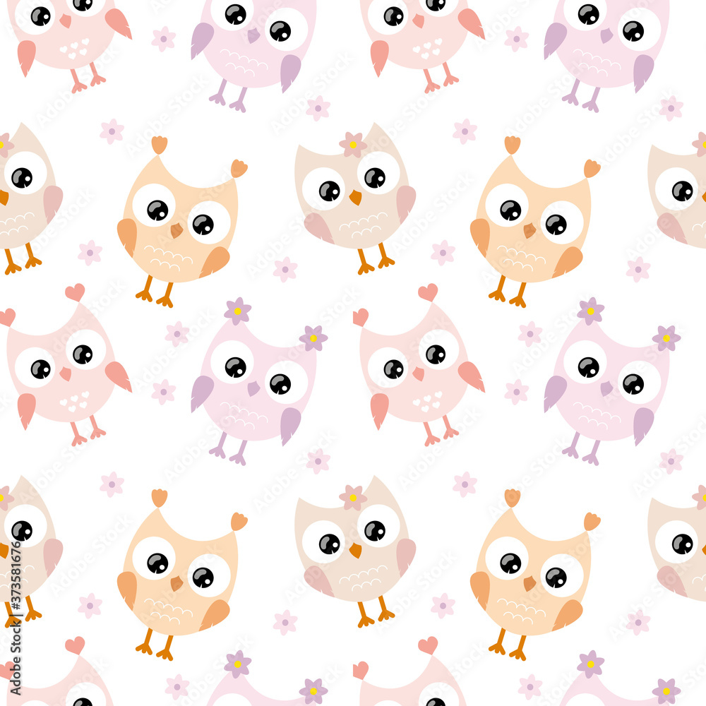 Cute owls with big eyes on a white background are isolated. Children's seamless pattern for textiles, fabrics, packaging, Wallpaper in the children's room. Vector cartoon drawing of an owl for a child Cute owls with big eyes on a white background are isolated. Children's seamless pattern for textiles, fabrics, packaging, Wallpaper in the children's room. Vector cartoon drawing of an owl for a child