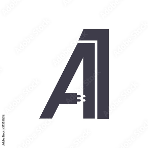 A1 logo of products for electronics, electrical and digital stores. Logo design isolated on white background, microchips, electrical outlet. Development of business cards, tags and stickers.