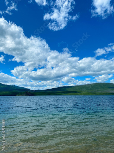 blue sky and clouds, over lake