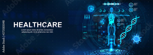 Medical futuristic research banner with Sci HUD. 3D body mri with modern interface, bpm, DNA formula, bacteria, heart scan and other.
Healthcare scanning, science examination. Vector banner