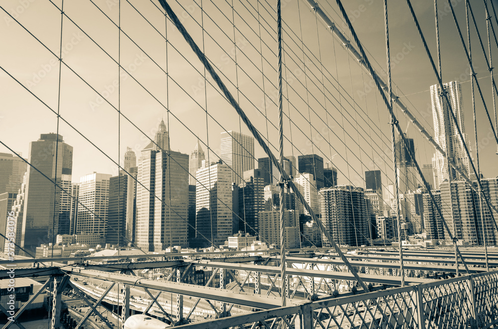 New York cityscape from Brooklyn Bridge post - 
 New York, United States
