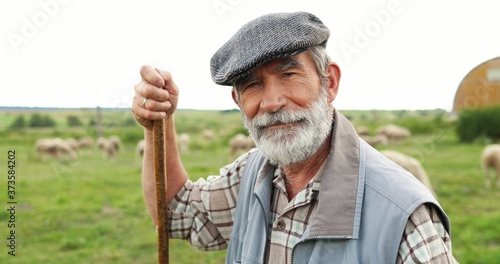 Fotografie, Obraz Portrait of Caucasian senior handsome man shepherd in hat standing outdoor, leaning on stick, looking at side and turning to camera