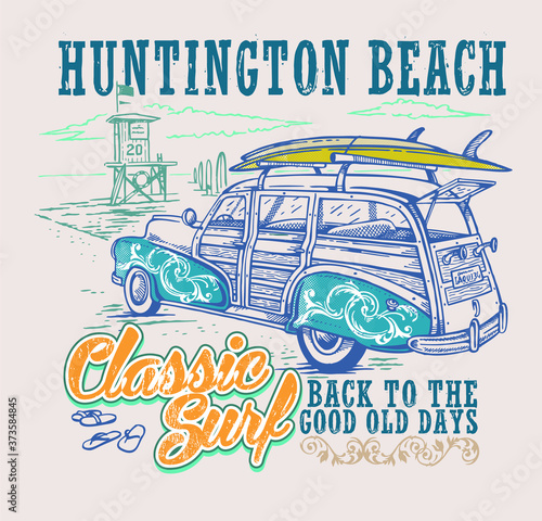 Vector illustration of surfer car on beach and text landscape. photo