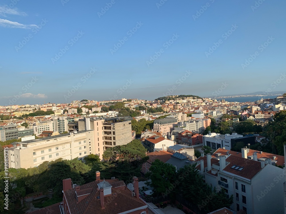 View of the historical Lisbon downtown and Tagus / Taje River from a rooftop, Portugal