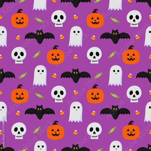 happy halloween seamless pattern on purple background. vector illustration.