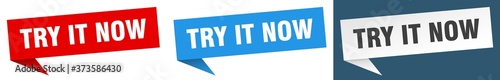 try it now banner sign. try it now speech bubble label set photo