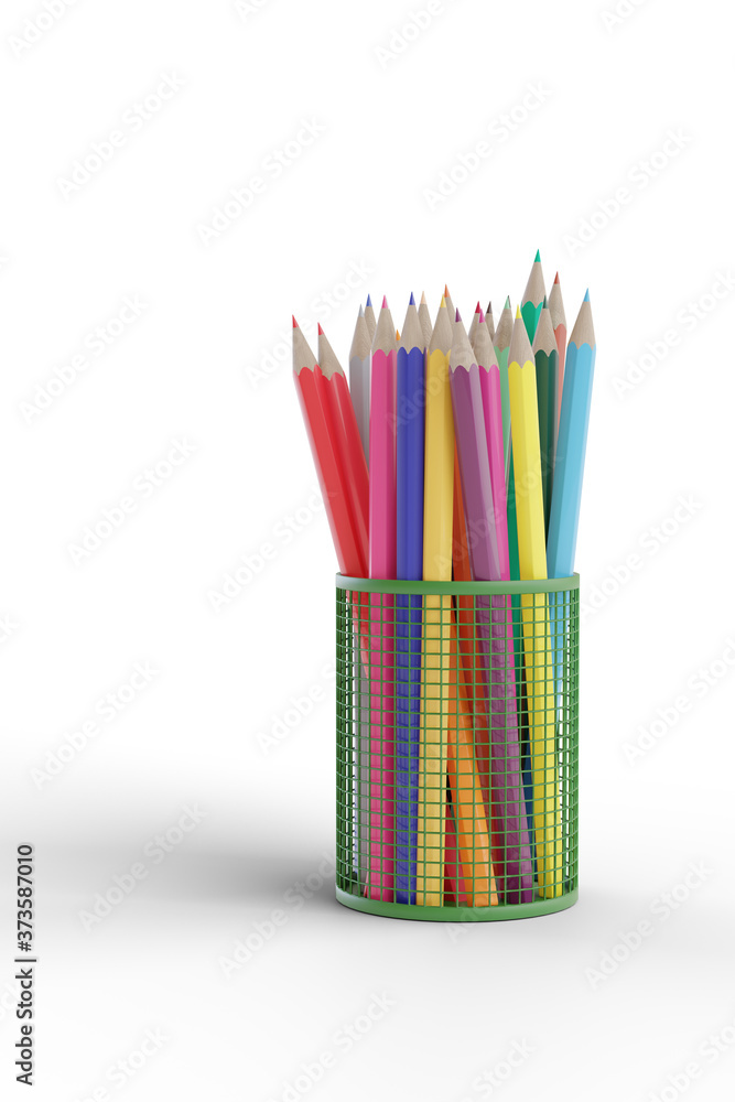 Fototapeta premium Set of colored pencils in a basket isolated on white background. 3d illustration.