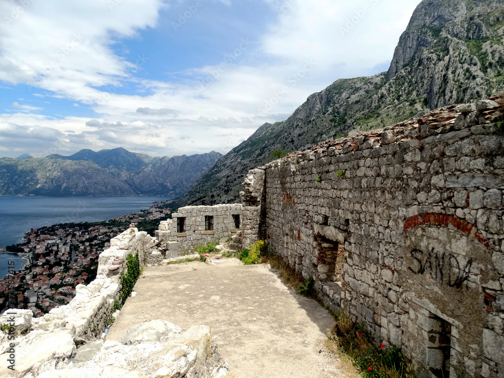 Ruined Fortifications of Kotor in Kotor, Montenegro. Fortifications of Kotor are an integrated historical fortification system that protected the medieval town of Kotor, an UNESCO Heritage Site.
