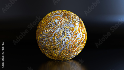 abstract sphere on stage background  ball in gold and silver with eroded surface