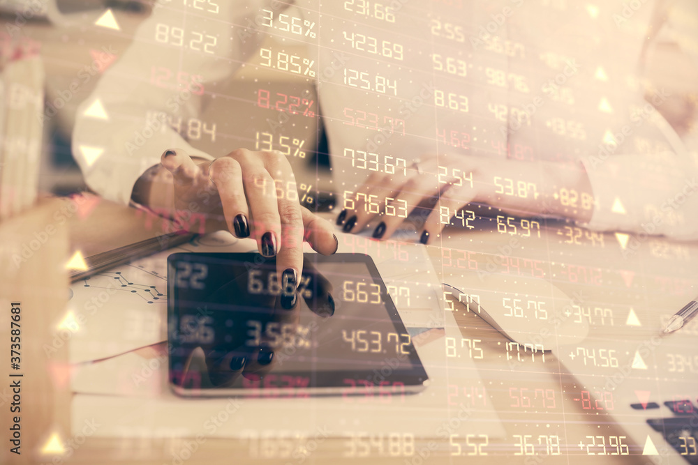 Double exposure of forex chart sketch hologram and woman holding and using a mobile device. Financial market concept. Double exposure of forex chart sketch hologram and woman holding and using a mobile device. Financial market concept.