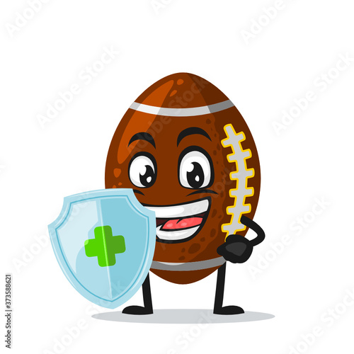 Vector illustration of rugby mascot or character holding shield for protection