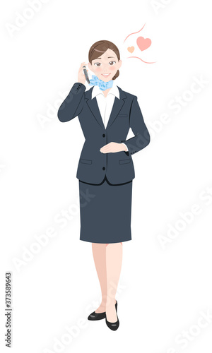 電話　ポーズ　ビジネス　スーツ　女性　照れ　全身