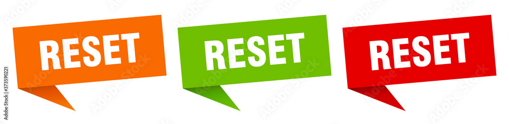 reset banner sign. reset speech bubble label set reset banner sign. reset speech bubble label set