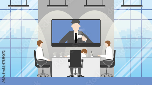 Tired salary man sleeps while in by video conference meeting. Business teleconference people meeting in the conference room with the boss. exhausted employees take a nap in office hours. 