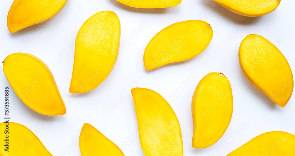 Fototapeta premium Tropical fruit, Mango slices on white background.