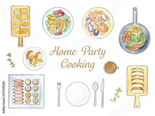 料理　俯瞰　水彩イラスト