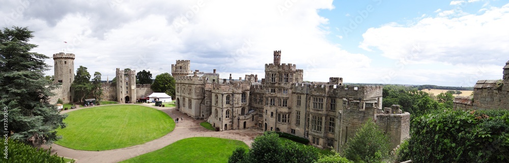 Aerial panoramic view ; courtyard of the Warwick castle, UK