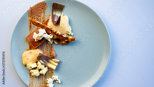 Caramel cake plated dessert for restaurant