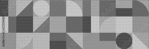 Vector halftone dots background, fading dot effect. Banner, mosaic from different shapes.