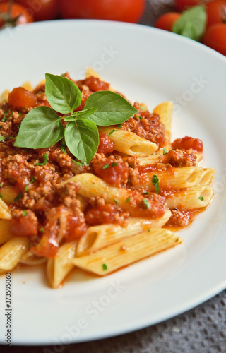 Penne  bolognese with basil leaf on white plate.