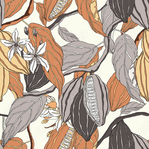 Plant seamless pattern, hand drawn line art cocoa tree on bright brown