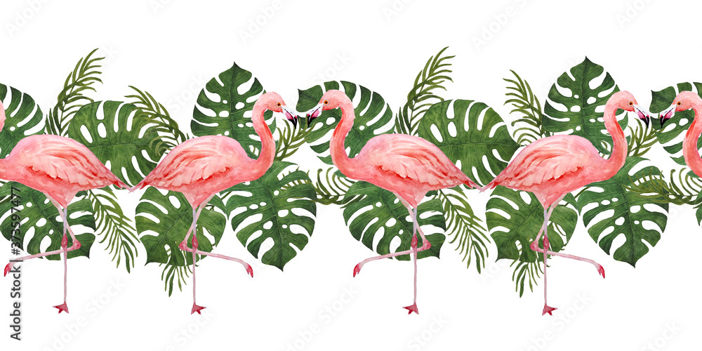 Watercolor hand drawn seamless horizontal border with pink flamingo