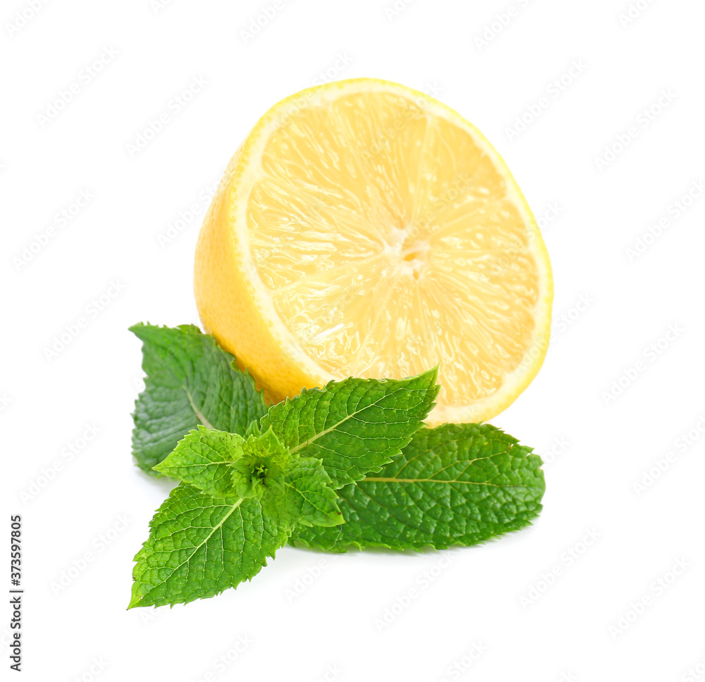 Fresh lemon and mint on white background Fresh lemon and mint on white background