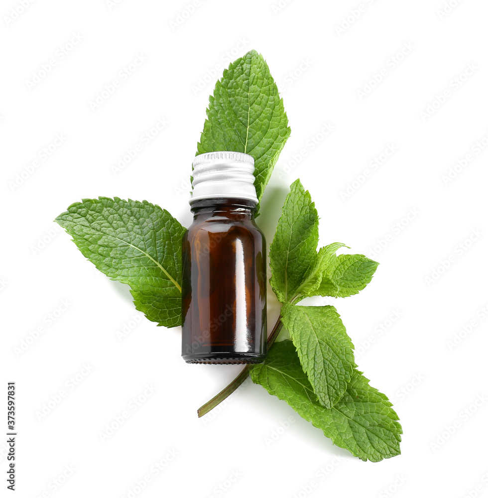 Aromatic mint oil on white background Aromatic mint oil on white background