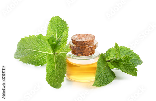 Aromatic mint oil on white background