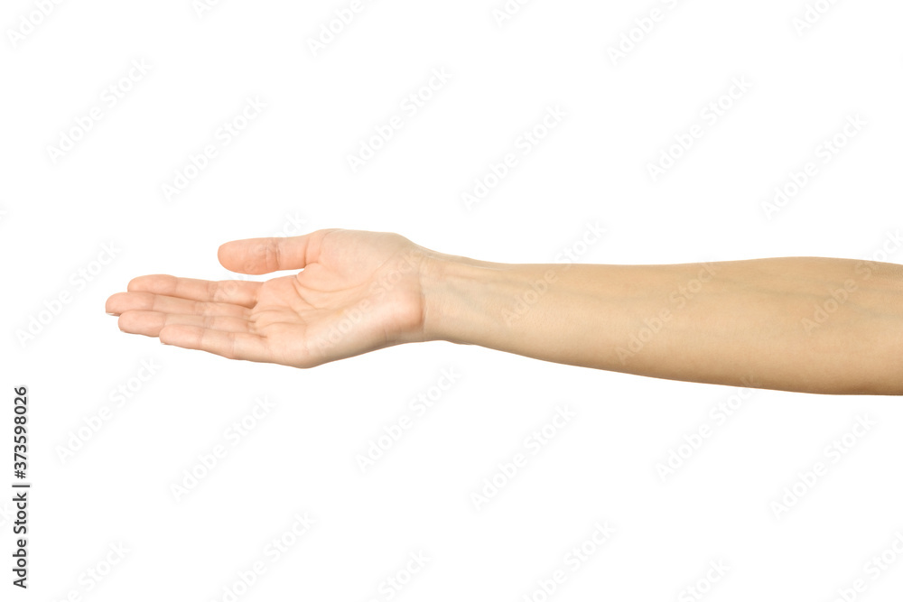 Outstretched female hand. Woman hand gesturing isolated on white Outstretched female hand. Woman hand gesturing isolated on white