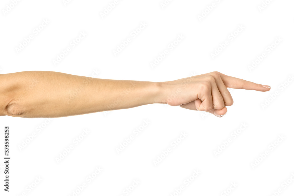 Pointing right. Woman hand gesturing isolated on white Pointing right. Woman hand gesturing isolated on white